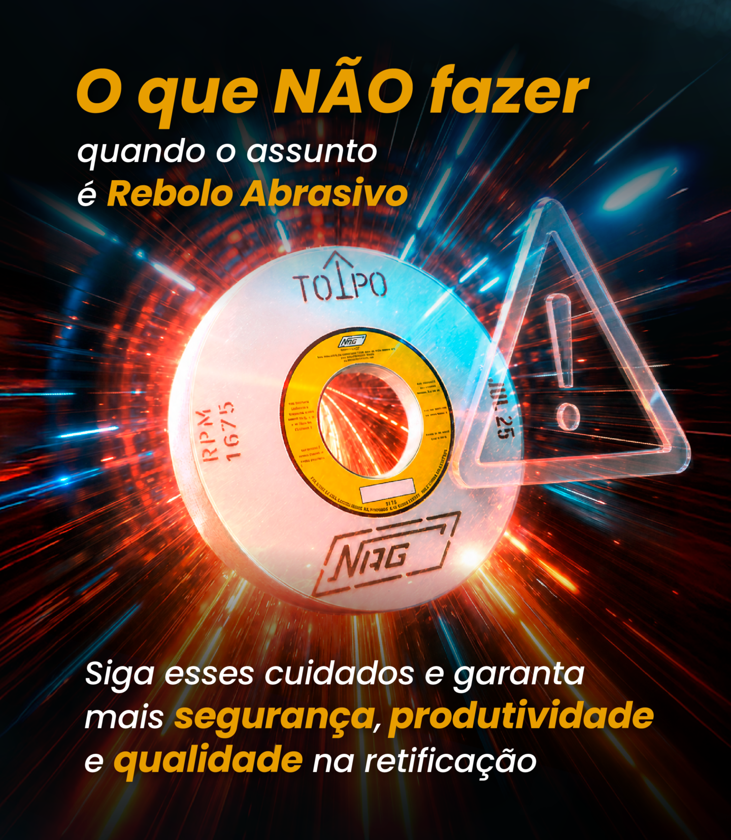 Ilustração industrial sobre erros no uso de rebolo abrasivo, destacando segurança, produtividade e qualidade na retificação industrial