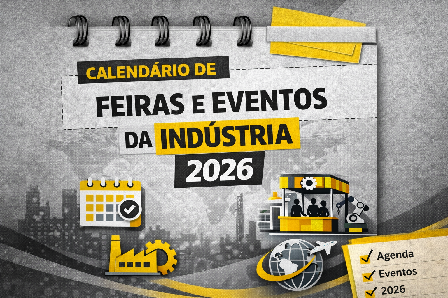 Banner do calendário de feiras industriais 2026 com destaque para a FEIMEC 2026 e eventos da indústria metalmecânica no Brasil